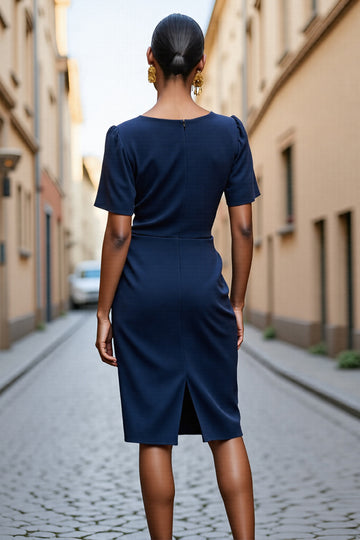 Navy Ruched Midi Work Dress with Slit